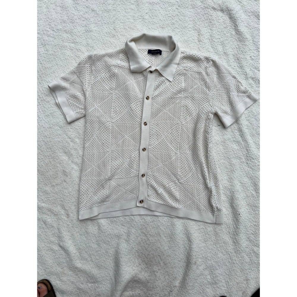 Cotton On Mens Cream Crochet Knit Button Down Polo Shirt Short Sleeve Ivory M